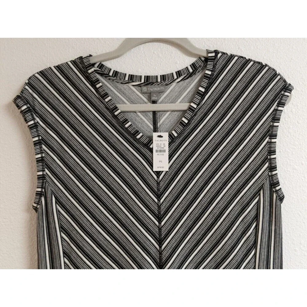 NWT~ T by Talbots Black White Striped Knit V Neck Dress Size Petite Small - Picture 3 of 7